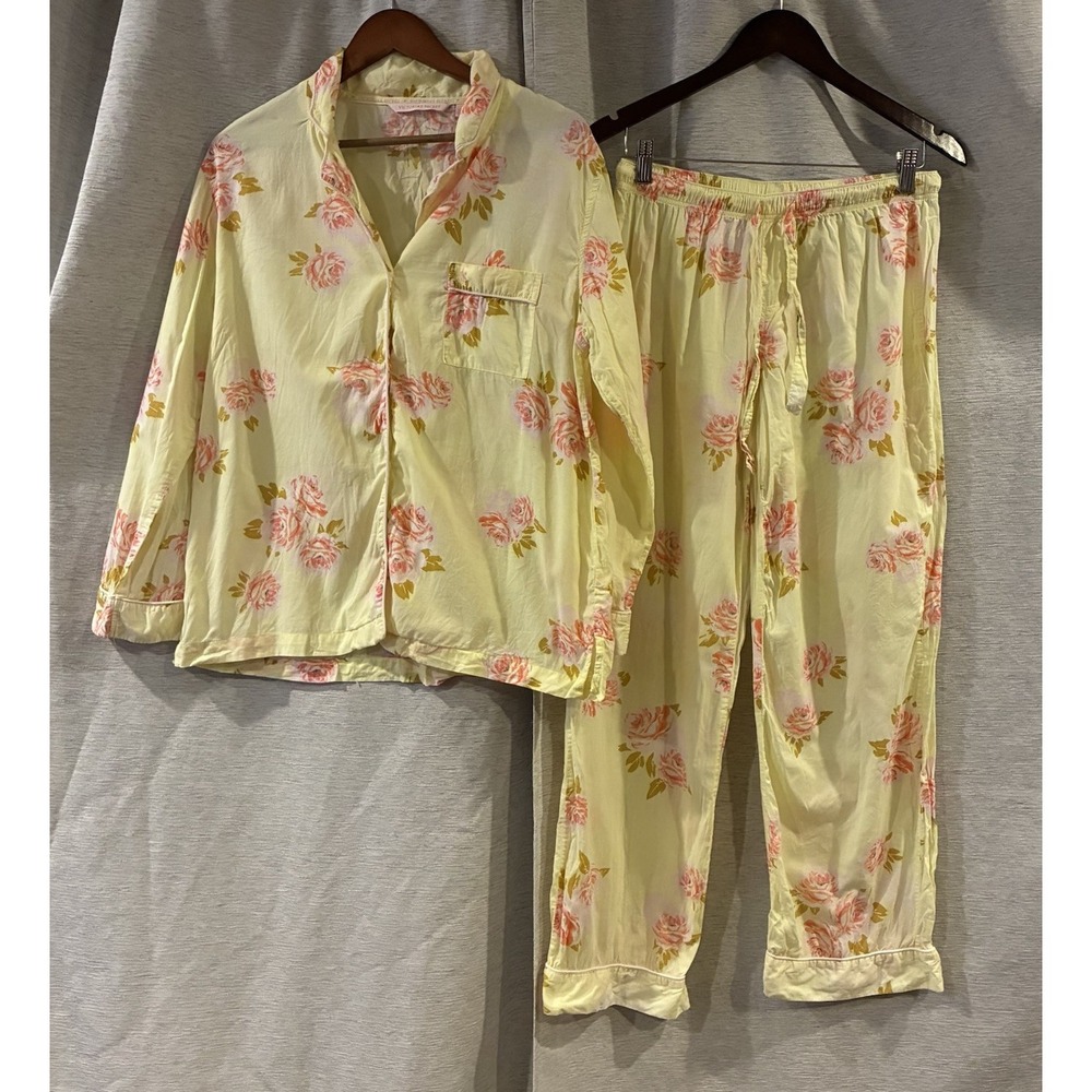 Victoria Secret Womens Vintage Yellow Pink Floral Pajama Set Medium